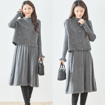 ワンピース ベスト セットアップ ニット 無地 ゆったり 体型カバー 秋 冬 M L
