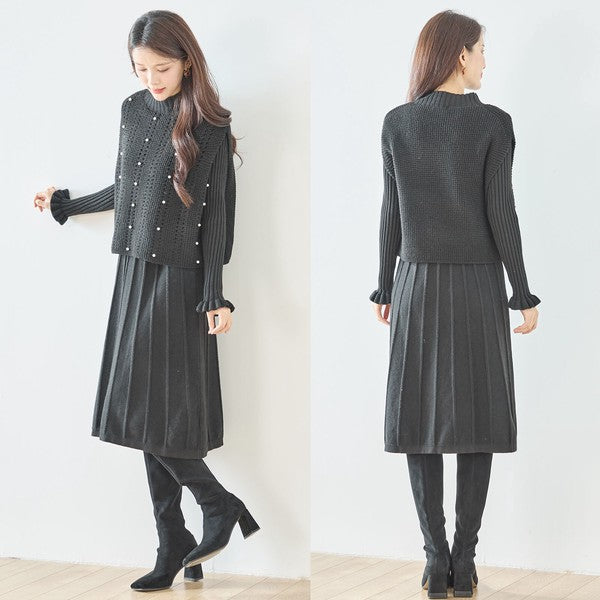 ワンピース ベスト セットアップ ニット 無地 ゆったり 体型カバー 秋 冬 M L