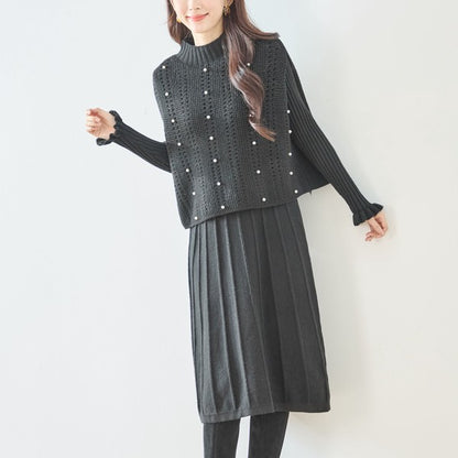 ワンピース ベスト セットアップ ニット 無地 ゆったり 体型カバー 秋 冬 M L