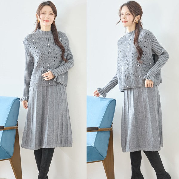 ワンピース ベスト セットアップ ニット 無地 ゆったり 体型カバー 秋 冬 M L