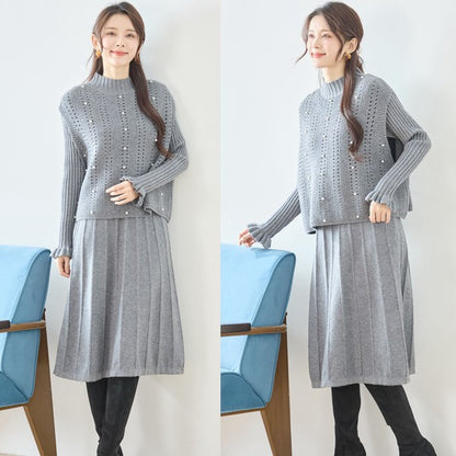 ワンピース ベスト セットアップ ニット 無地 ゆったり 体型カバー 秋 冬 M L
