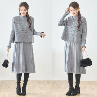 ワンピース ベスト セットアップ ニット 無地 ゆったり 体型カバー 秋 冬 M L