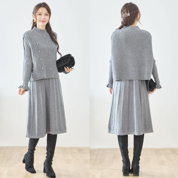 ワンピース ベスト セットアップ ニット 無地 ゆったり 体型カバー 秋 冬 M L