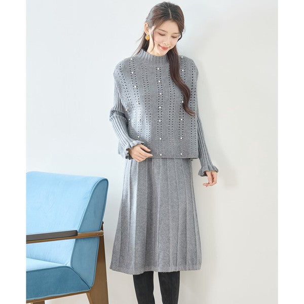 ワンピース ベスト セットアップ ニット 無地 ゆったり 体型カバー 秋 冬 M L