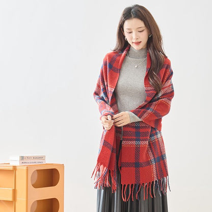 小物 ストール マフラー ショール 大判 チェック柄 フリンジ 防寒 暖かい 秋 冬