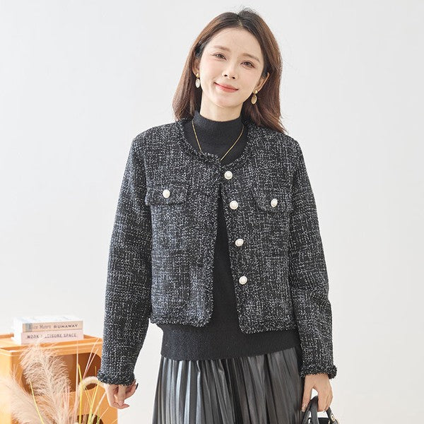 アウター ジャケット ツイード風 フリンジ ノーカラー コンパクト 秋 冬 M L