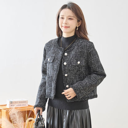 アウター ジャケット ツイード風 フリンジ ノーカラー コンパクト 秋 冬 M L