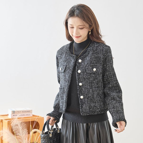 アウター ジャケット ツイード風 フリンジ ノーカラー コンパクト 秋 冬 M L