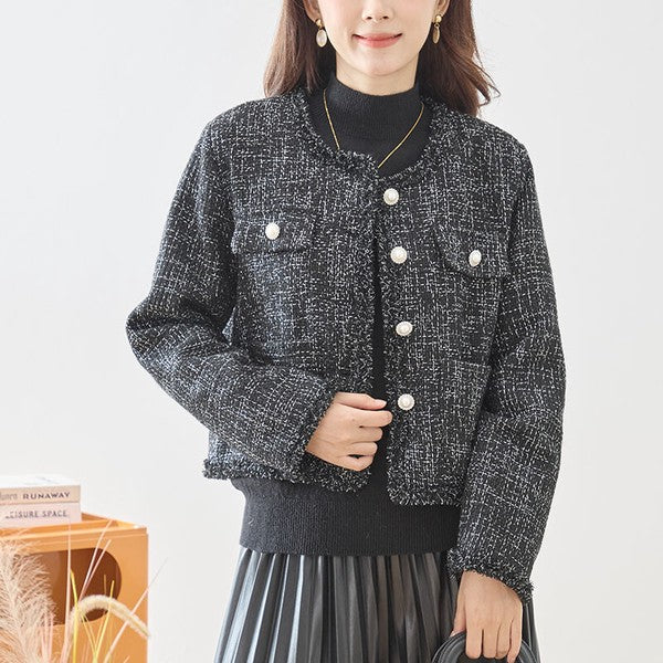 アウター ジャケット ツイード風 フリンジ ノーカラー コンパクト 秋 冬 M L