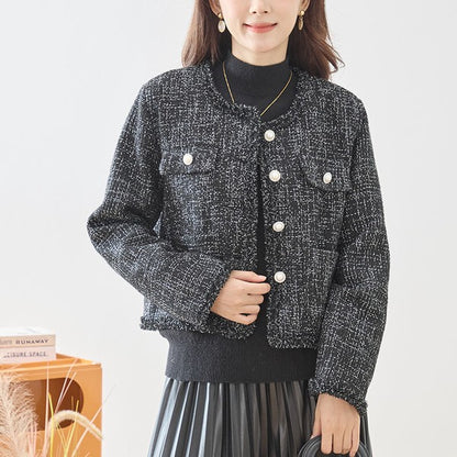 アウター ジャケット ツイード風 フリンジ ノーカラー コンパクト 秋 冬 M L