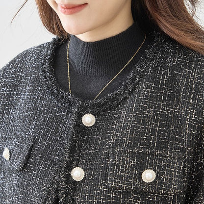 アウター ジャケット ツイード風 フリンジ ノーカラー コンパクト 秋 冬 M L