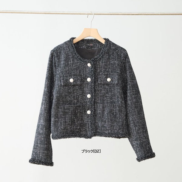 アウター ジャケット ツイード風 フリンジ ノーカラー コンパクト 秋 冬 M L