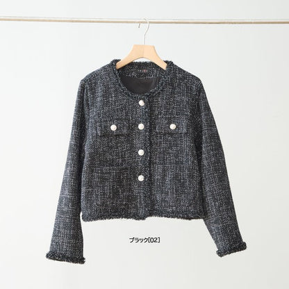 アウター ジャケット ツイード風 フリンジ ノーカラー コンパクト 秋 冬 M L