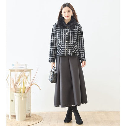アウター ジャケット カーディガン チェック柄 ファー コンパクト きれいめ 秋 冬 M L