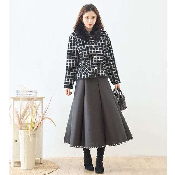 アウター ジャケット カーディガン チェック柄 ファー コンパクト きれいめ 秋 冬 M L