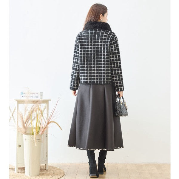アウター ジャケット カーディガン チェック柄 ファー コンパクト きれいめ 秋 冬 M L