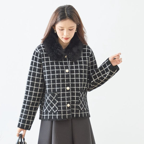 アウター ジャケット カーディガン チェック柄 ファー コンパクト きれいめ 秋 冬 M L