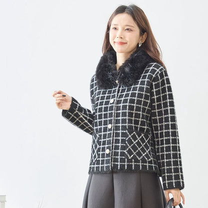 アウター ジャケット カーディガン チェック柄 ファー コンパクト きれいめ 秋 冬 M L