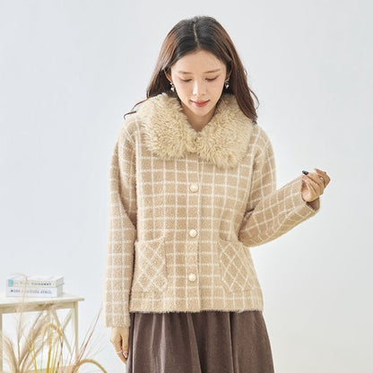 アウター ジャケット カーディガン チェック柄 ファー コンパクト きれいめ 秋 冬 M L