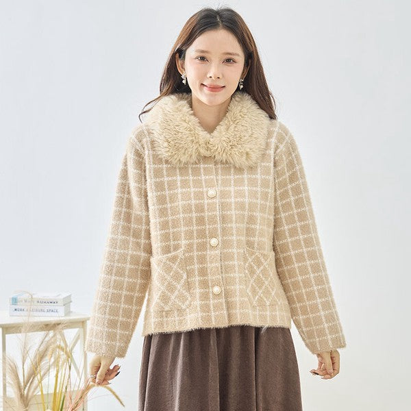 アウター ジャケット カーディガン チェック柄 ファー コンパクト きれいめ 秋 冬 M L
