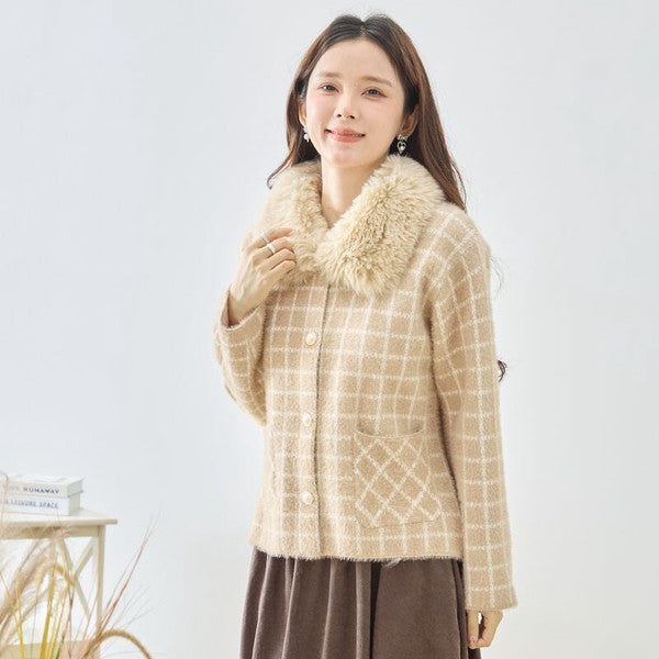 アウター ジャケット カーディガン チェック柄 ファー コンパクト きれいめ 秋 冬 M L