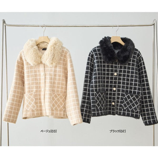 アウター ジャケット カーディガン チェック柄 ファー コンパクト きれいめ 秋 冬 M L