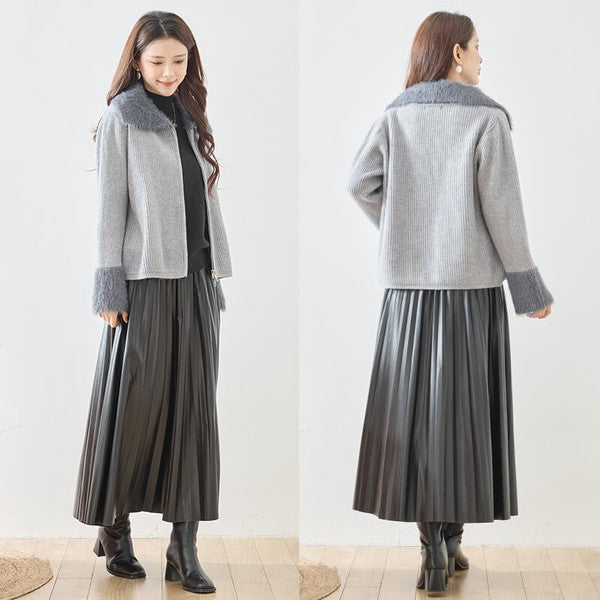 アウター ニット ジャケット カーディガン ファー リブ ジップ ゆったり 体型カバー 秋 冬 L LL
