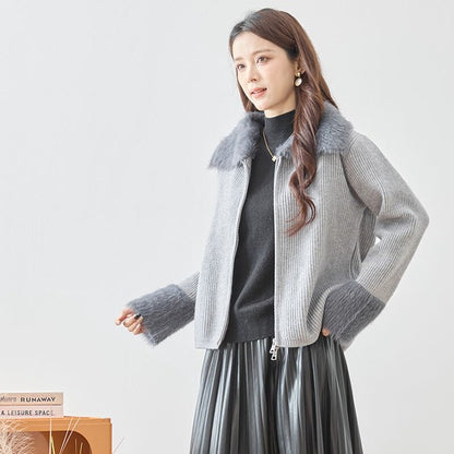 アウター ニット ジャケット カーディガン ファー リブ ジップ ゆったり 体型カバー 秋 冬 L LL