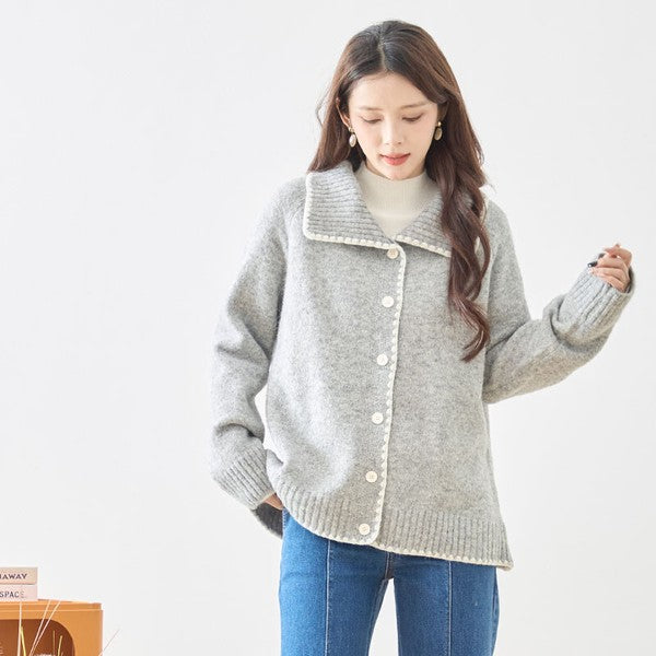 アウター ニット カーディガン 襟付き 配色 ゆったり 体型カバー 秋 冬 M L