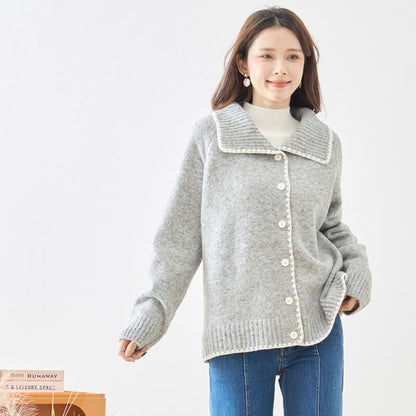 アウター ニット カーディガン 襟付き 配色 ゆったり 体型カバー 秋 冬 M L