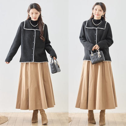 アウター ニット カーディガン 襟付き 配色 ゆったり 体型カバー 秋 冬 M L