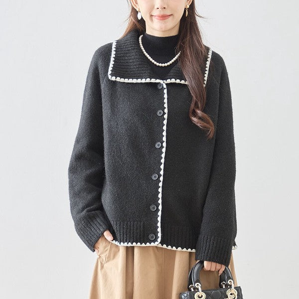 アウター ニット カーディガン 襟付き 配色 ゆったり 体型カバー 秋 冬 M L