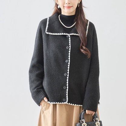 アウター ニット カーディガン 襟付き 配色 ゆったり 体型カバー 秋 冬 M L