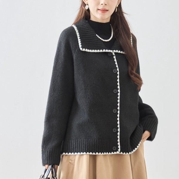 アウター ニット カーディガン 襟付き 配色 ゆったり 体型カバー 秋 冬 M L