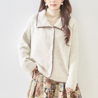 アウター ニット カーディガン 襟付き 配色 ゆったり 体型カバー 秋 冬 M L