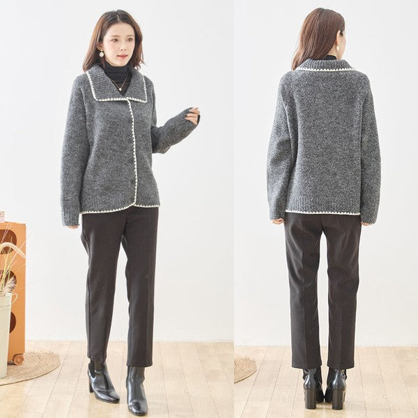 アウター ニット カーディガン 襟付き 配色 ゆったり 体型カバー 秋 冬 M L