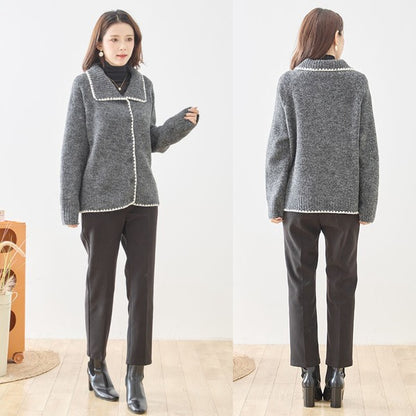 アウター ニット カーディガン 襟付き 配色 ゆったり 体型カバー 秋 冬 M L