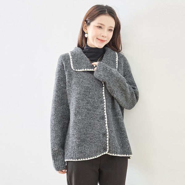 アウター ニット カーディガン 襟付き 配色 ゆったり 体型カバー 秋 冬 M L