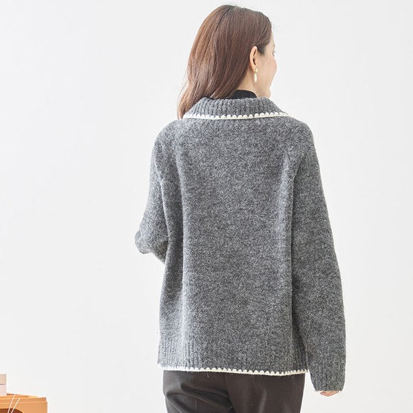 アウター ニット カーディガン 襟付き 配色 ゆったり 体型カバー 秋 冬 M L