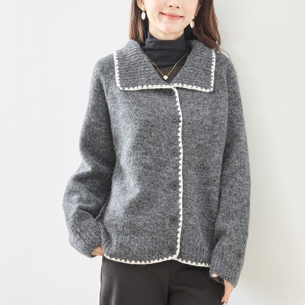 アウター ニット カーディガン 襟付き 配色 ゆったり 体型カバー 秋 冬 M L