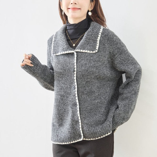 アウター ニット カーディガン 襟付き 配色 ゆったり 体型カバー 秋 冬 M L