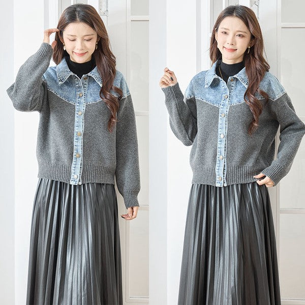 トップス ニット ジャケット カーディガン 異素材 デニム コンパクト 秋 冬 M L