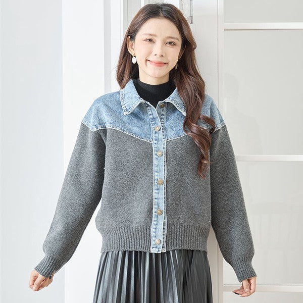 トップス ニット ジャケット カーディガン 異素材 デニム コンパクト 秋 冬 M L