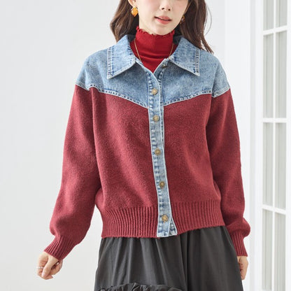 トップス ニット ジャケット カーディガン 異素材 デニム コンパクト 秋 冬 M L