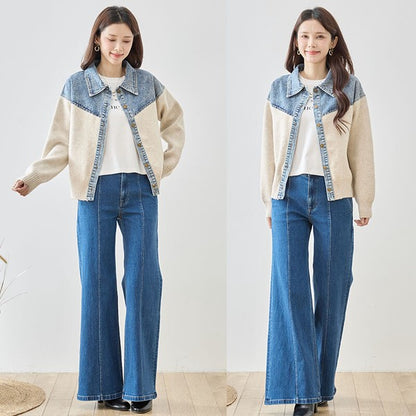 トップス ニット ジャケット カーディガン 異素材 デニム コンパクト 秋 冬 M L
