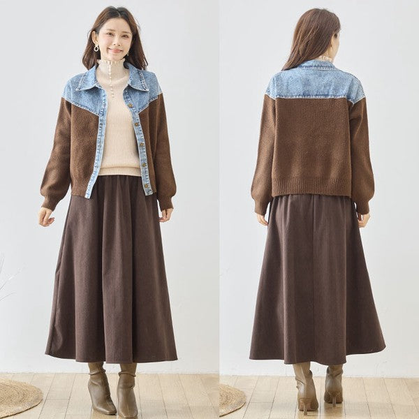 トップス ニット ジャケット カーディガン 異素材 デニム コンパクト 秋 冬 M L