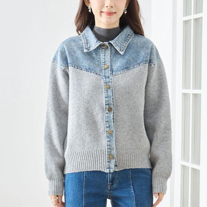 トップス ニット ジャケット カーディガン 異素材 デニム コンパクト 秋 冬 M L