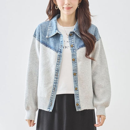 トップス ニット ジャケット カーディガン 異素材 デニム コンパクト 秋 冬 M L
