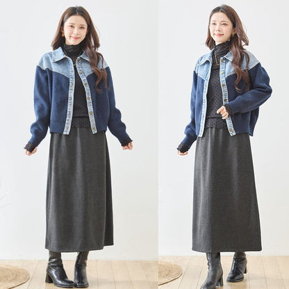 トップス ニット ジャケット カーディガン 異素材 デニム コンパクト 秋 冬 M L