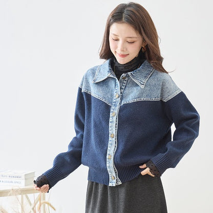 トップス ニット ジャケット カーディガン 異素材 デニム コンパクト 秋 冬 M L
